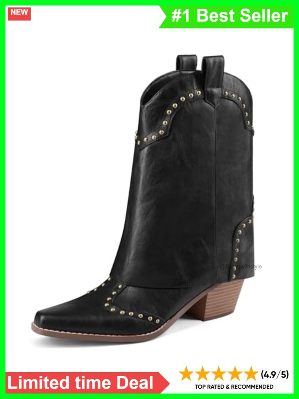 Studded Fold Over Cowboy Ankle Boots Chunky Heel Snip Toe Pull On Western